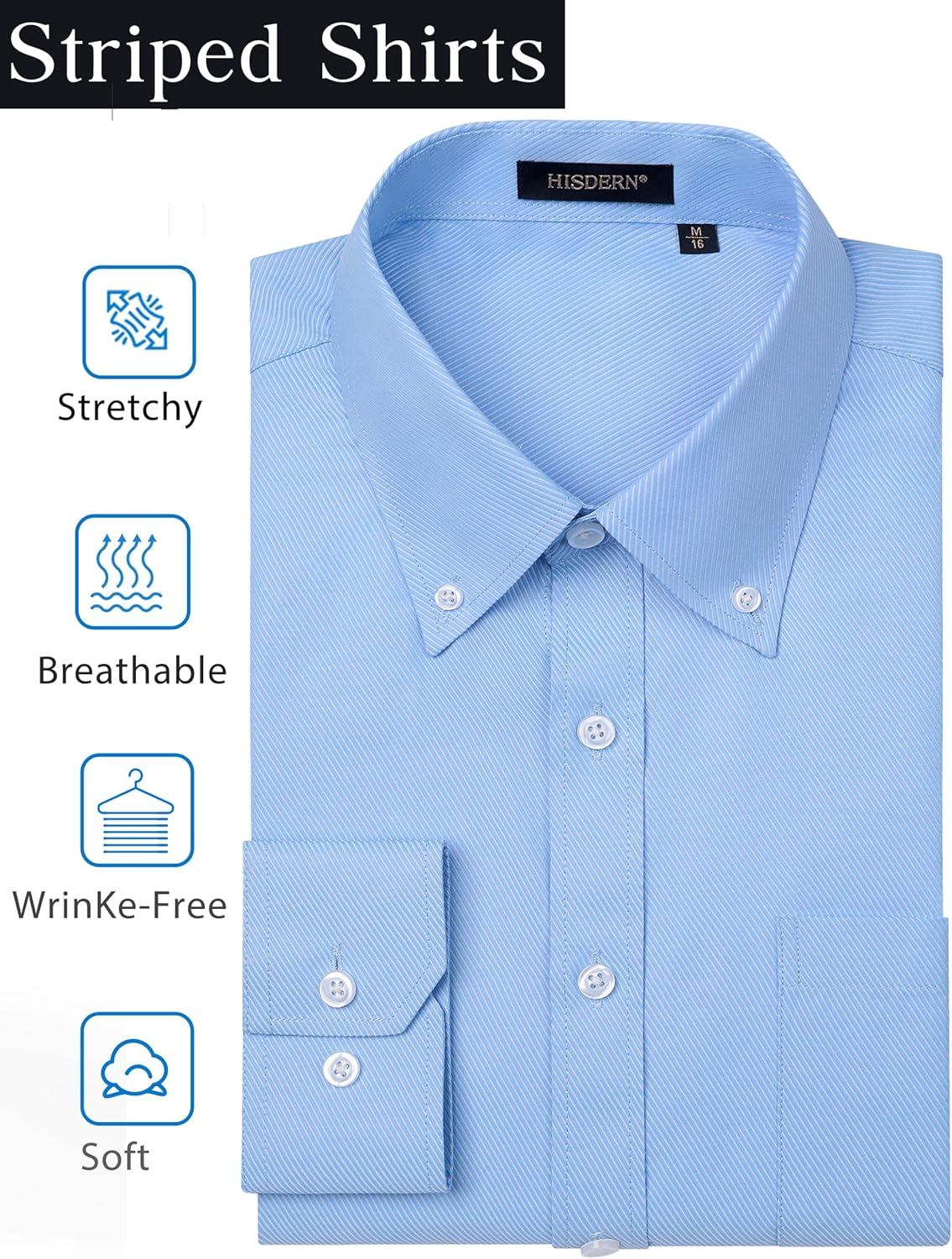 imageHISDERN Mens Dress Shirts Long Sleeve Wrinkle Free Formal Shirt Solid Stripe Business Casual Button Down ShirtsLake Blue