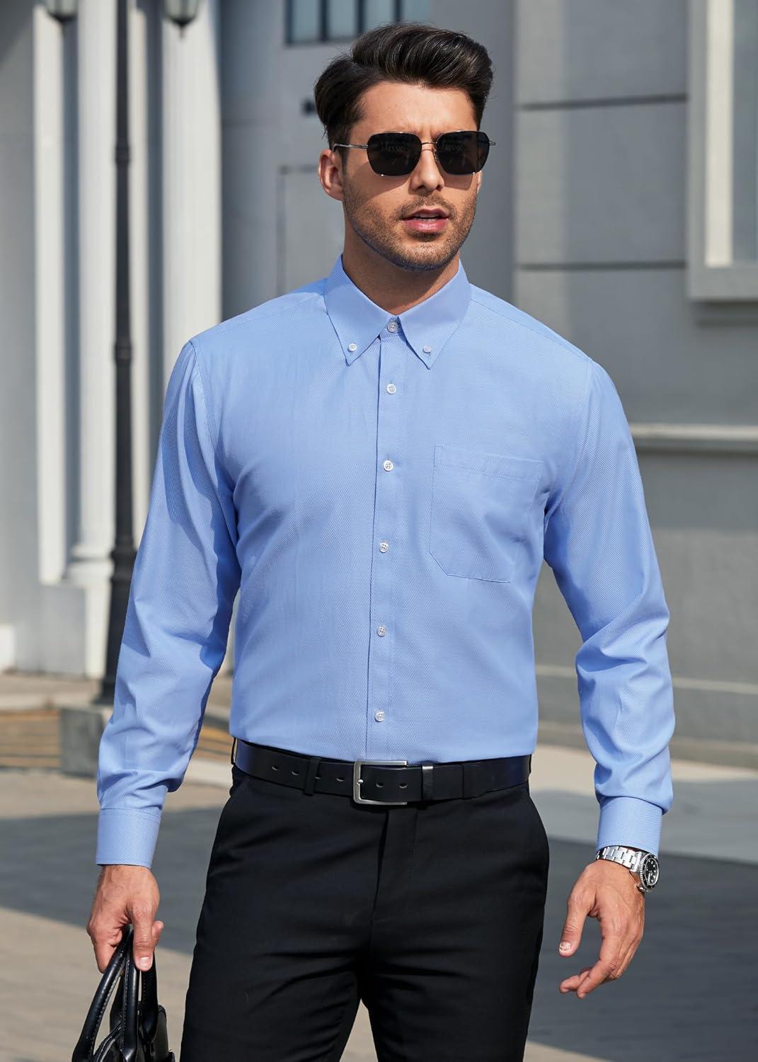 imageHISDERN Mens Dress Shirts Long Sleeve Wrinkle Free Formal Shirt Solid Stripe Business Casual Button Down ShirtsLake Blue