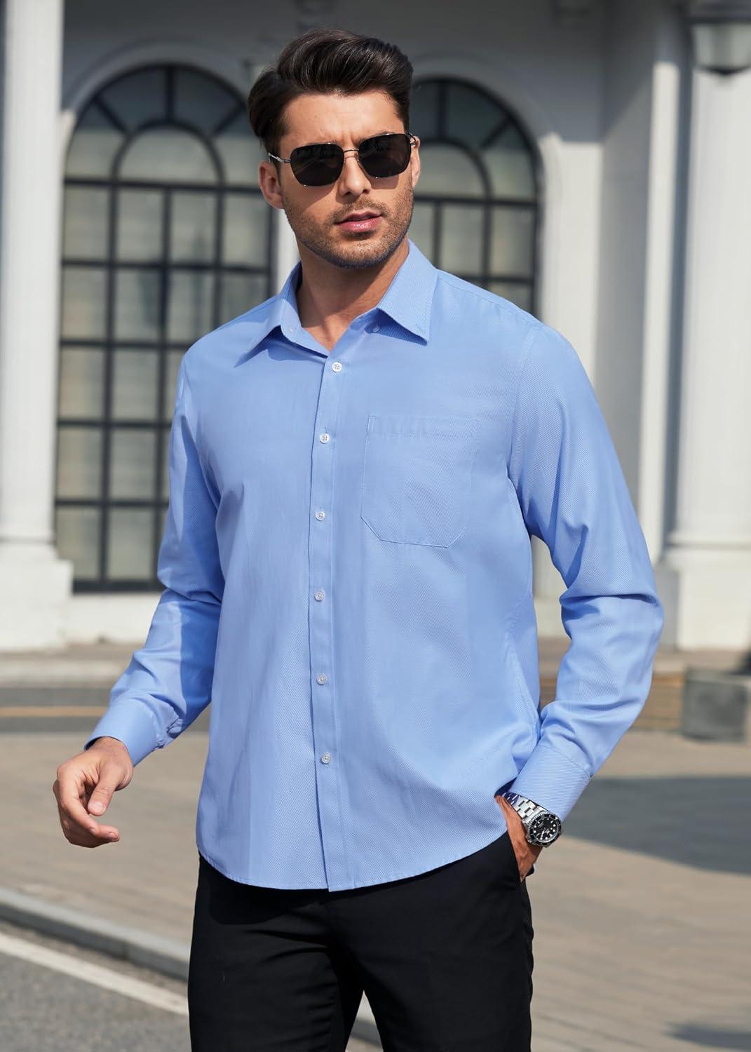 imageHISDERN Mens Dress Shirts Long Sleeve Wrinkle Free Formal Shirt Solid Stripe Business Casual Button Down ShirtsLake Blue