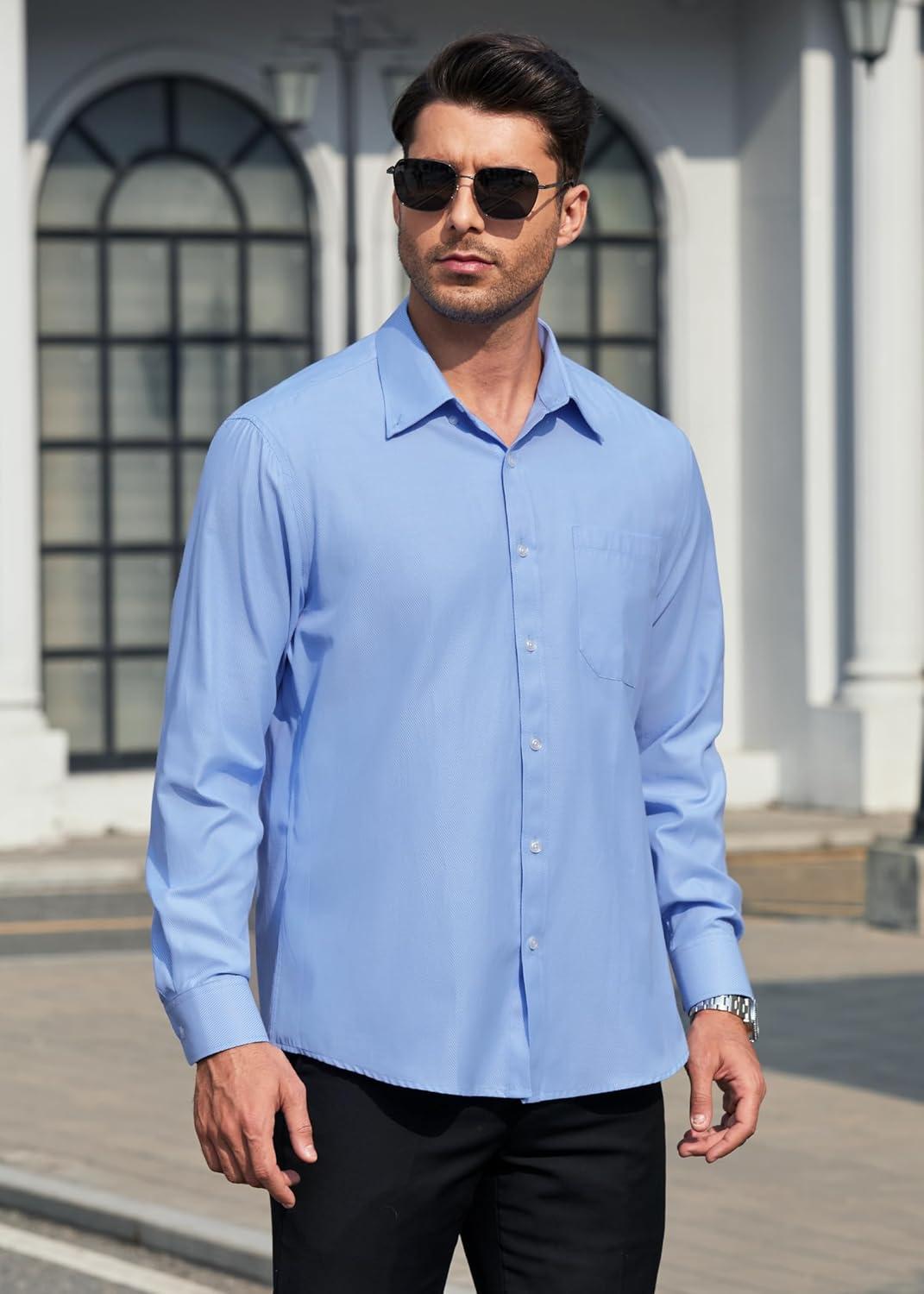 imageHISDERN Mens Dress Shirts Long Sleeve Wrinkle Free Formal Shirt Solid Stripe Business Casual Button Down ShirtsLake Blue