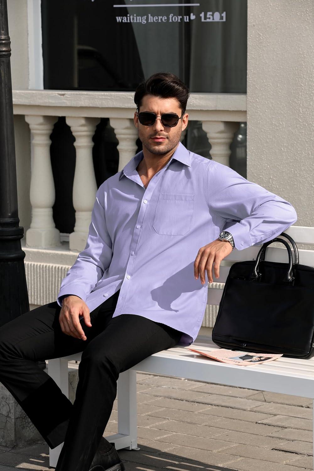 imageHISDERN Mens Dress Shirts Long Sleeve Wrinkle Free Formal Shirt Solid Stripe Business Casual Button Down ShirtsLight Purple
