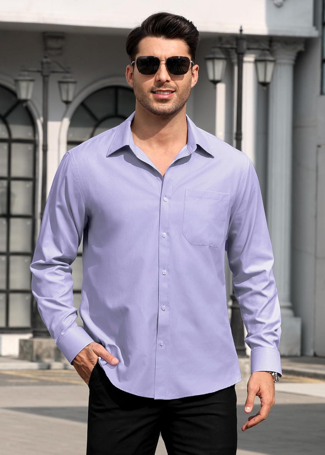imageHISDERN Mens Dress Shirts Long Sleeve Wrinkle Free Formal Shirt Solid Stripe Business Casual Button Down ShirtsLight Purple