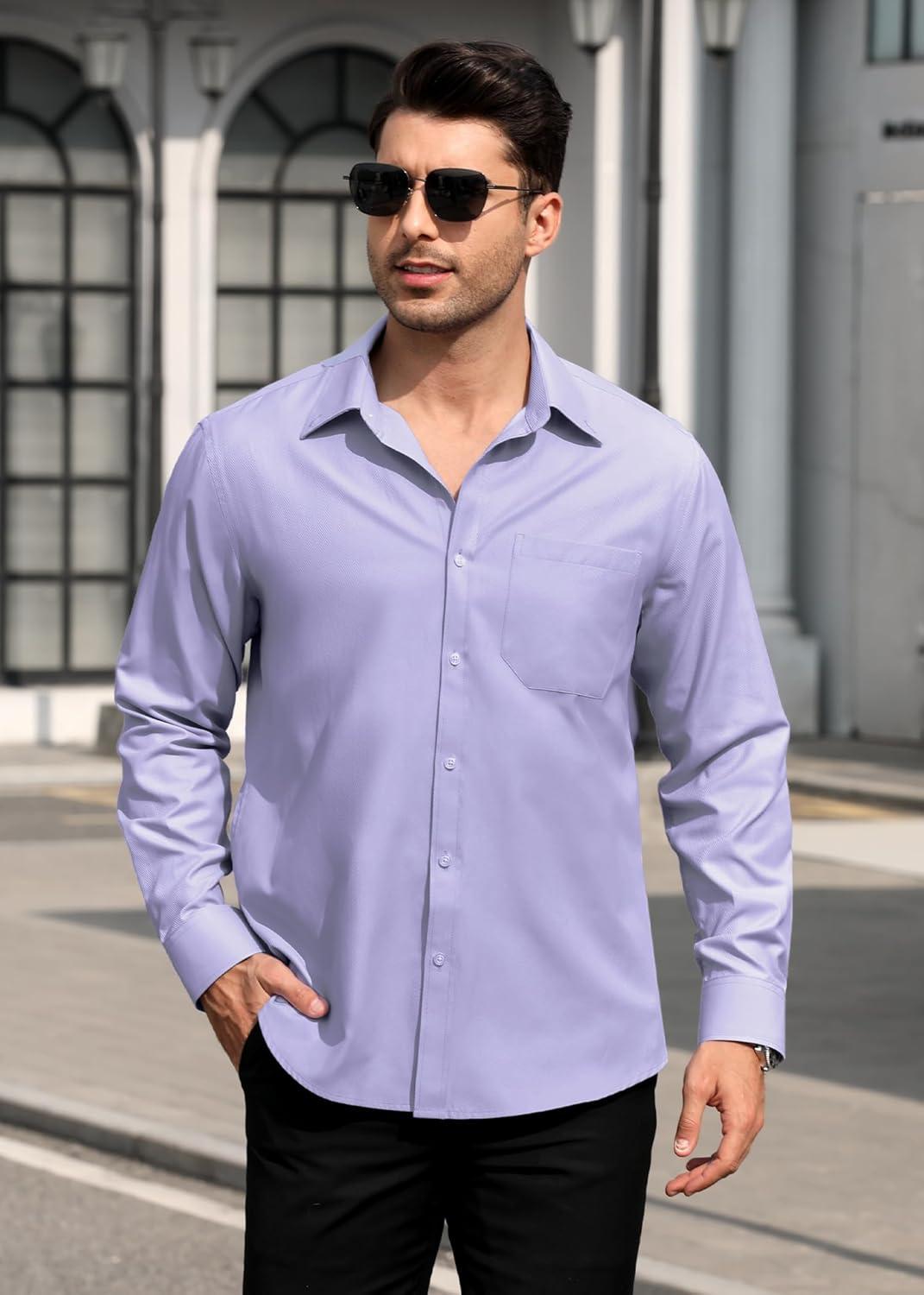 imageHISDERN Mens Dress Shirts Long Sleeve Wrinkle Free Formal Shirt Solid Stripe Business Casual Button Down ShirtsLight Purple