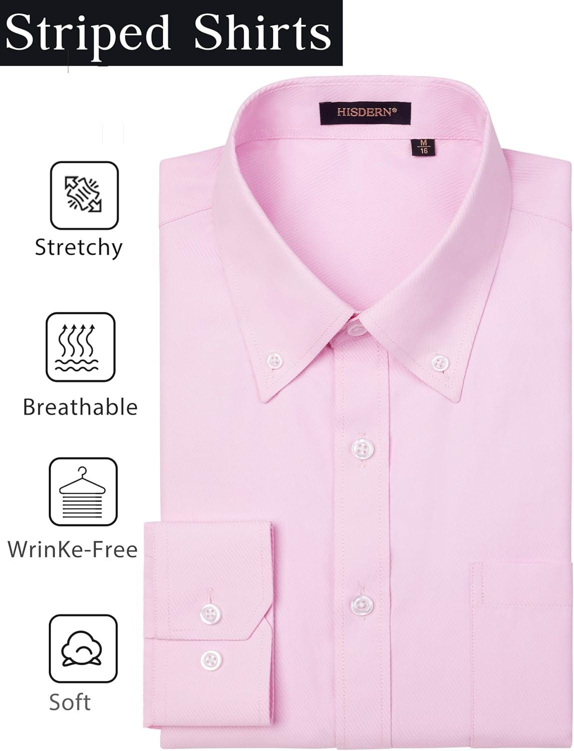 imageHISDERN Mens Dress Shirts Long Sleeve Wrinkle Free Formal Shirt Solid Stripe Business Casual Button Down ShirtsPink
