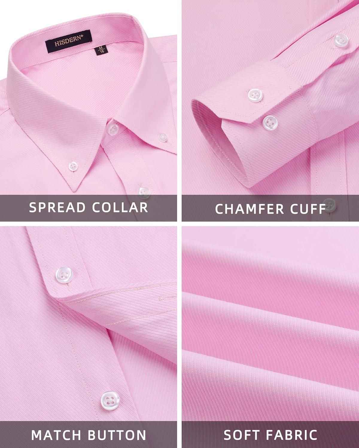imageHISDERN Mens Dress Shirts Long Sleeve Wrinkle Free Formal Shirt Solid Stripe Business Casual Button Down ShirtsPink
