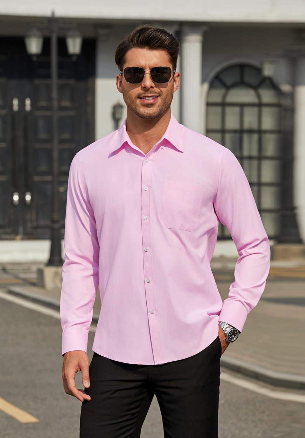 imageHISDERN Mens Dress Shirts Long Sleeve Wrinkle Free Formal Shirt Solid Stripe Business Casual Button Down ShirtsPink