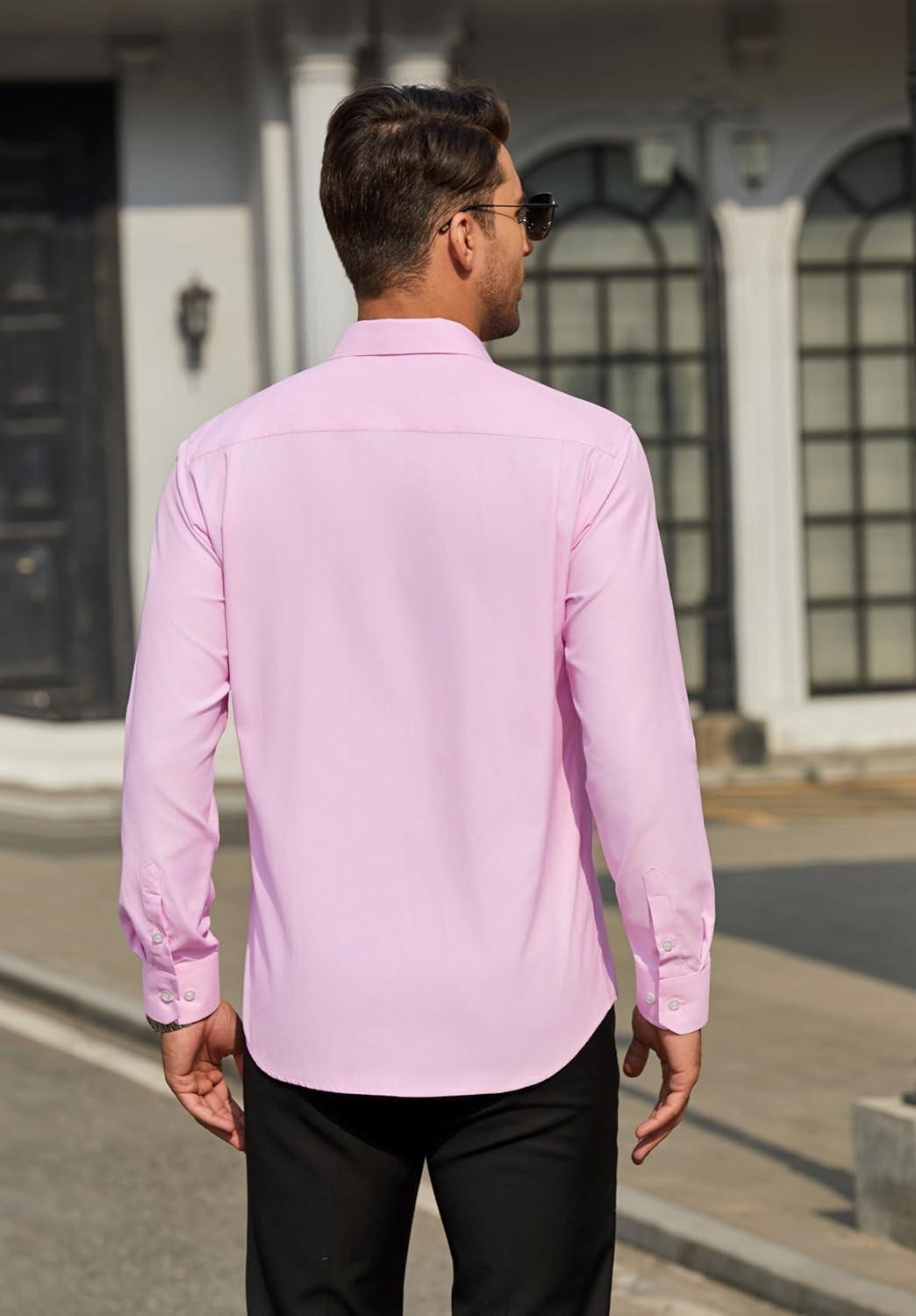 imageHISDERN Mens Dress Shirts Long Sleeve Wrinkle Free Formal Shirt Solid Stripe Business Casual Button Down ShirtsPink