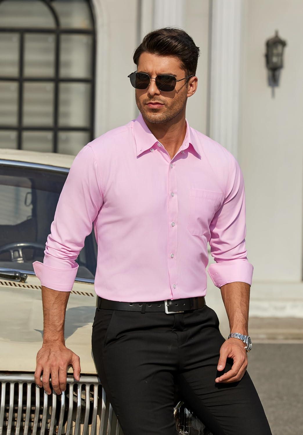 imageHISDERN Mens Dress Shirts Long Sleeve Wrinkle Free Formal Shirt Solid Stripe Business Casual Button Down ShirtsPink