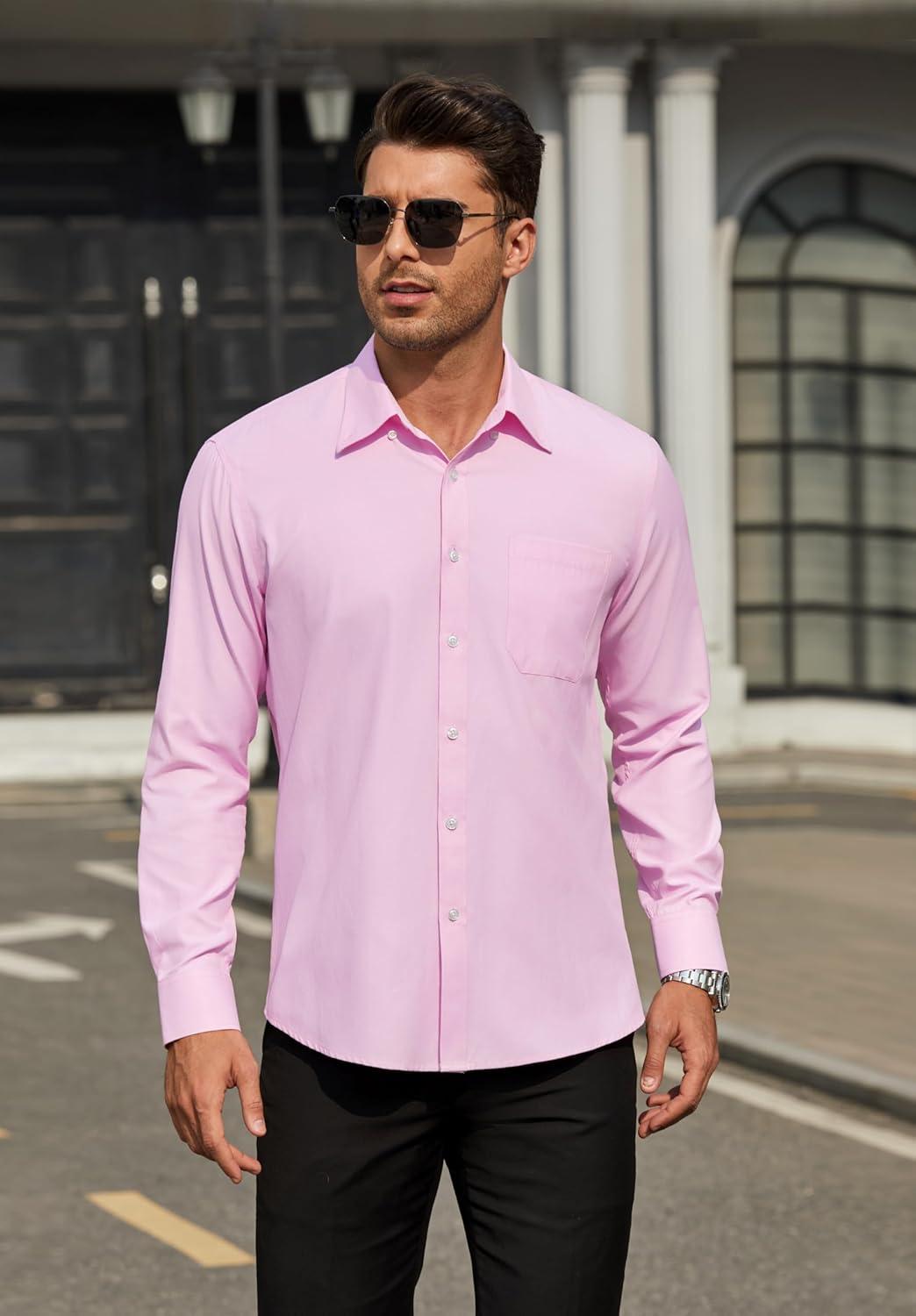 imageHISDERN Mens Dress Shirts Long Sleeve Wrinkle Free Formal Shirt Solid Stripe Business Casual Button Down ShirtsPink