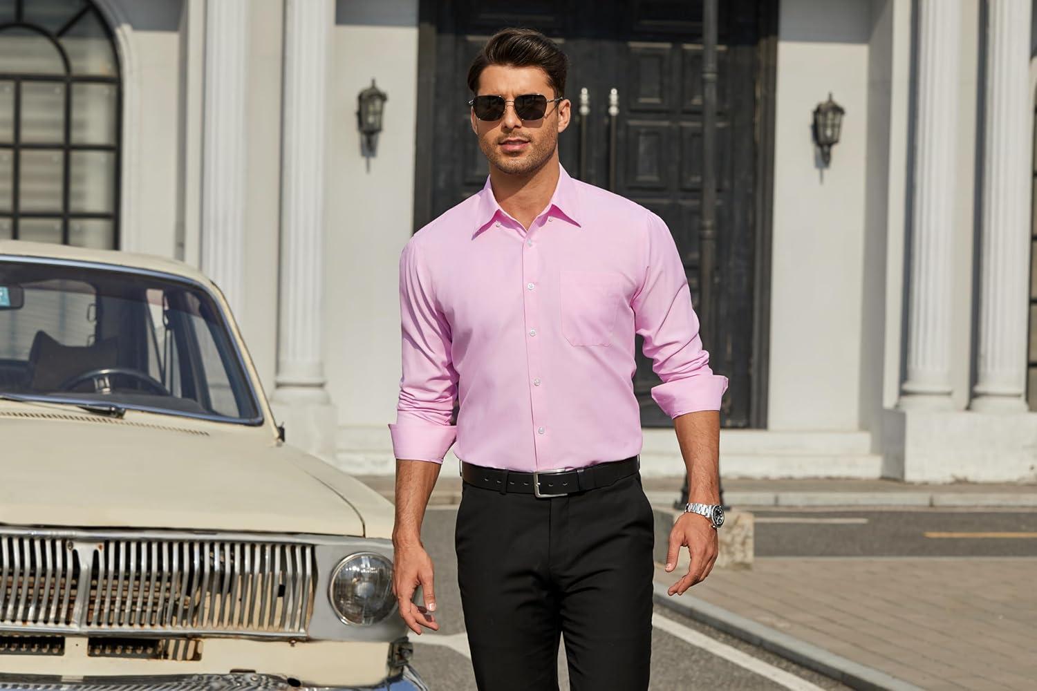 imageHISDERN Mens Dress Shirts Long Sleeve Wrinkle Free Formal Shirt Solid Stripe Business Casual Button Down ShirtsPink