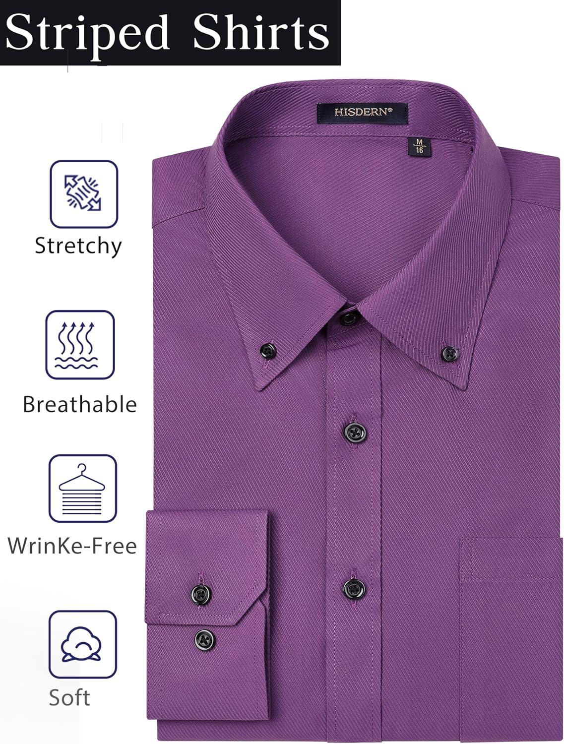imageHISDERN Mens Dress Shirts Long Sleeve Wrinkle Free Formal Shirt Solid Stripe Business Casual Button Down ShirtsPurple