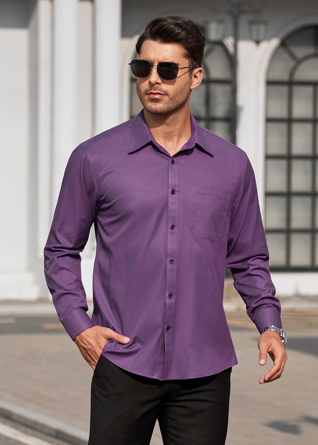 imageHISDERN Mens Dress Shirts Long Sleeve Wrinkle Free Formal Shirt Solid Stripe Business Casual Button Down ShirtsPurple