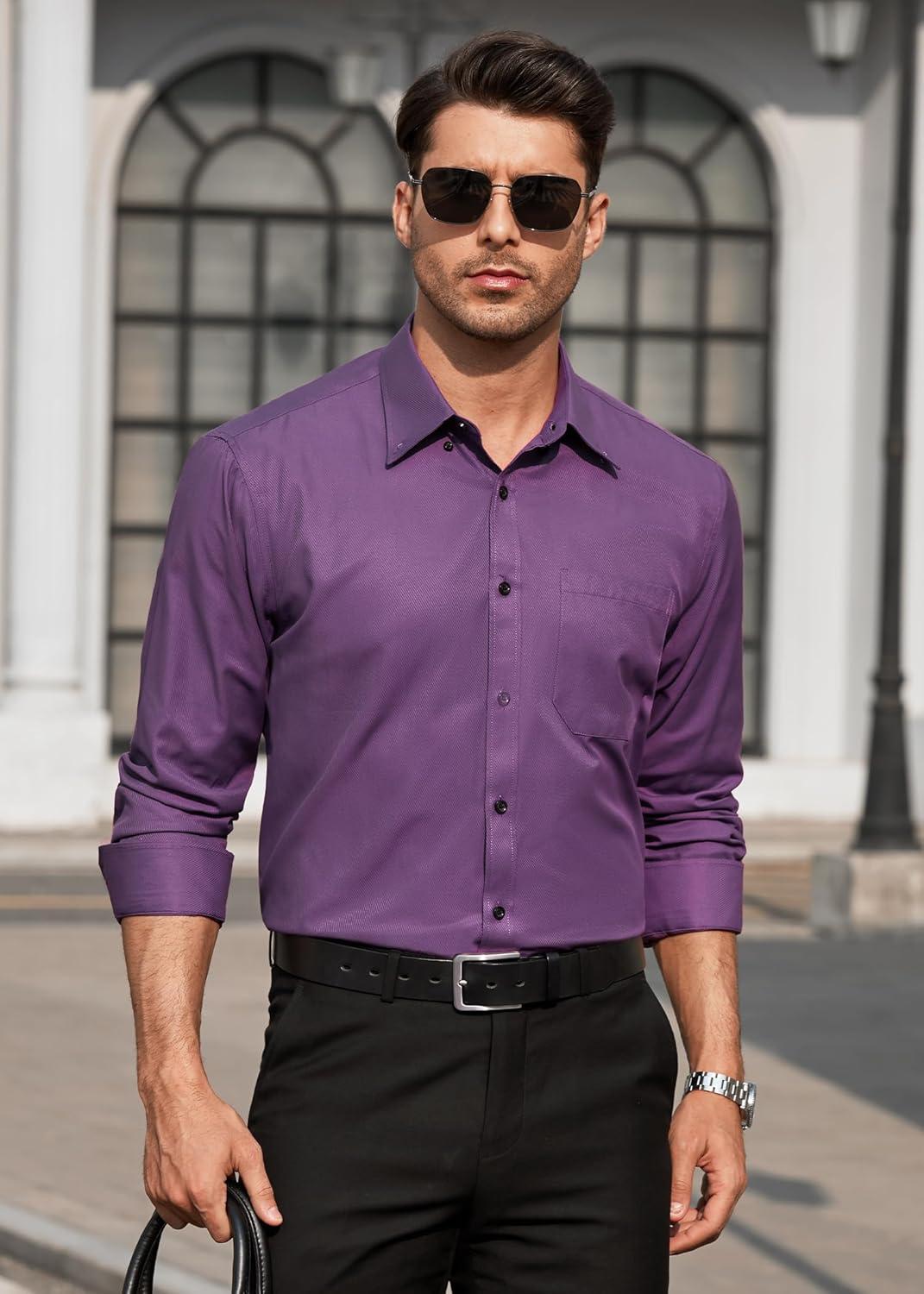 imageHISDERN Mens Dress Shirts Long Sleeve Wrinkle Free Formal Shirt Solid Stripe Business Casual Button Down ShirtsPurple