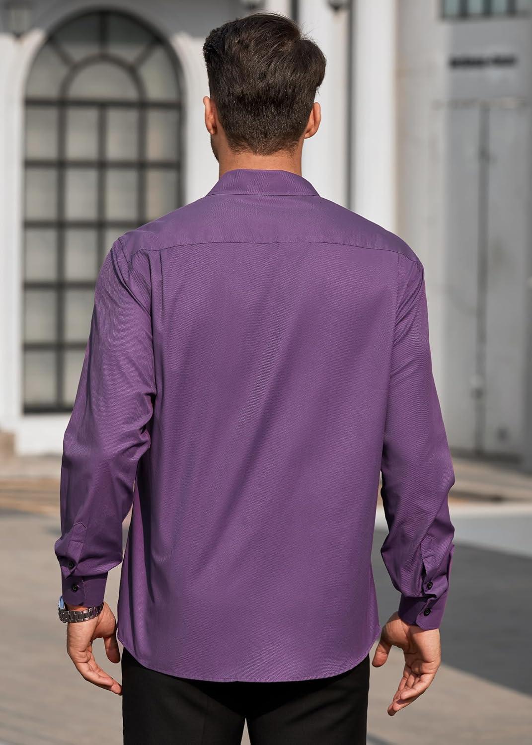 imageHISDERN Mens Dress Shirts Long Sleeve Wrinkle Free Formal Shirt Solid Stripe Business Casual Button Down ShirtsPurple