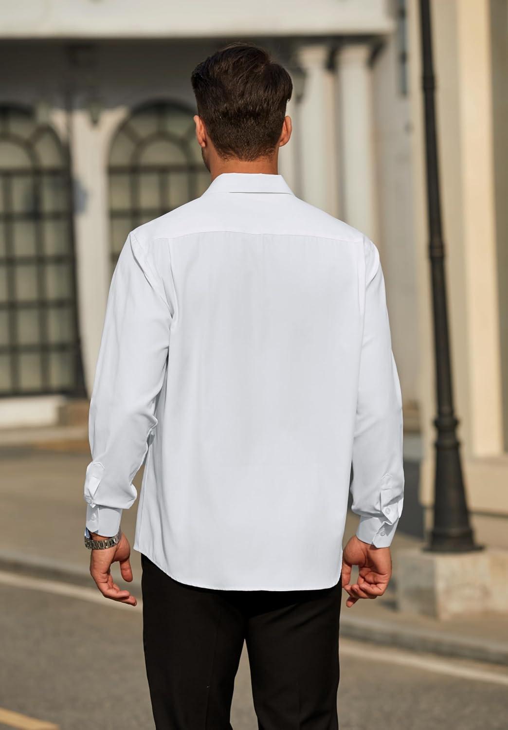 imageHISDERN Mens Dress Shirts Long Sleeve Wrinkle Free Formal Shirt Solid Stripe Business Casual Button Down ShirtsWhite