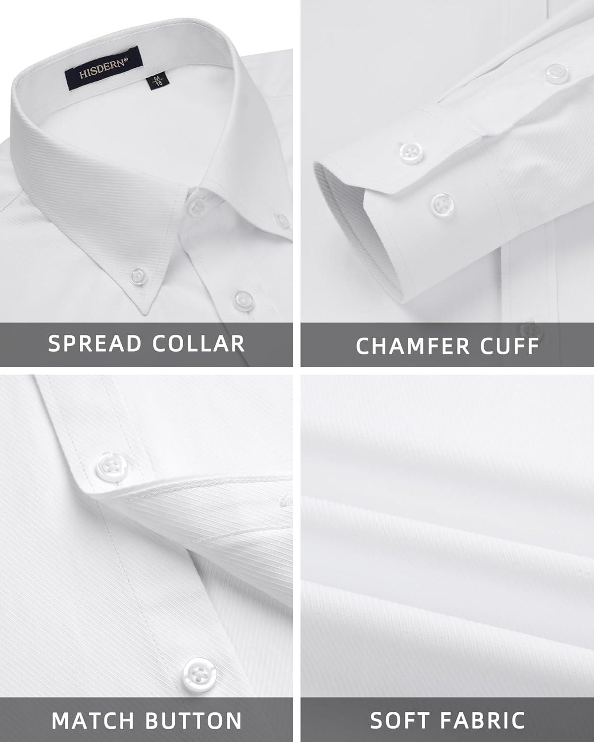 imageHISDERN Mens Dress Shirts Long Sleeve Wrinkle Free Formal Shirt Solid Stripe Business Casual Button Down ShirtsWhite