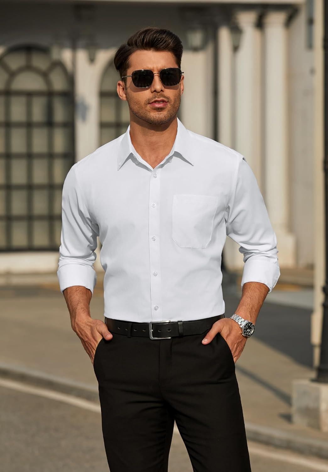 imageHISDERN Mens Dress Shirts Long Sleeve Wrinkle Free Formal Shirt Solid Stripe Business Casual Button Down ShirtsWhite
