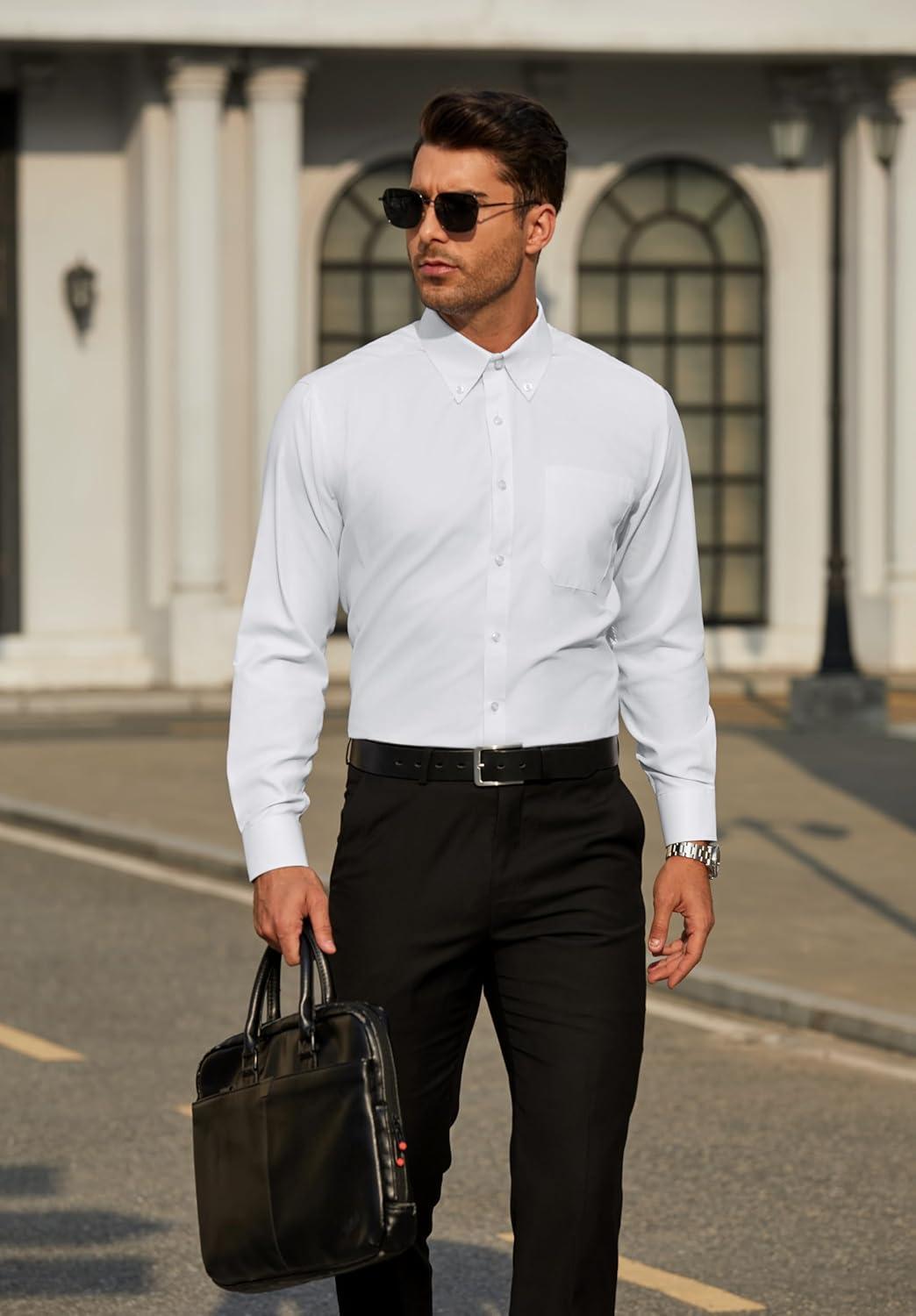 imageHISDERN Mens Dress Shirts Long Sleeve Wrinkle Free Formal Shirt Solid Stripe Business Casual Button Down ShirtsWhite