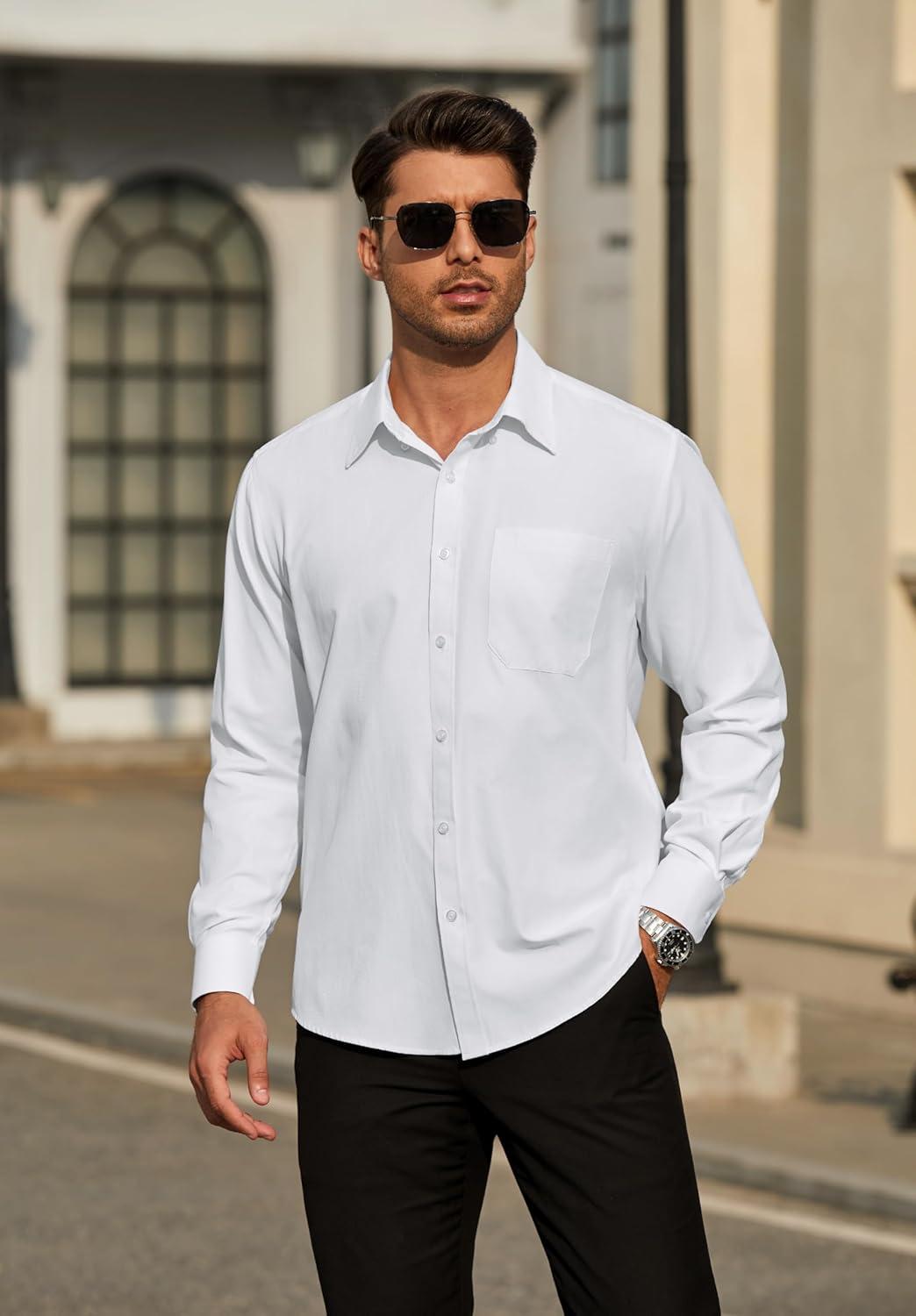 imageHISDERN Mens Dress Shirts Long Sleeve Wrinkle Free Formal Shirt Solid Stripe Business Casual Button Down ShirtsWhite