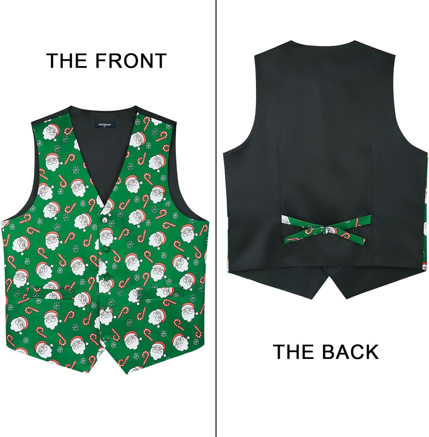 imageHISDERN Mens Suit Vest Christmas Holiday Season Party Jacquard Waistcoats Necktie Pocket Square Vest Suit SetGreen Santa