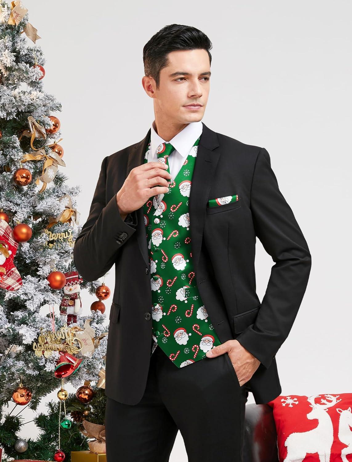 imageHISDERN Mens Suit Vest Christmas Holiday Season Party Jacquard Waistcoats Necktie Pocket Square Vest Suit SetGreen Santa