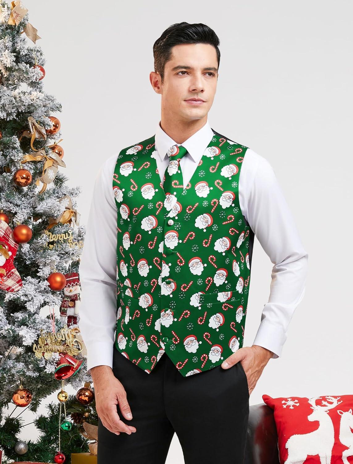 imageHISDERN Mens Suit Vest Christmas Holiday Season Party Jacquard Waistcoats Necktie Pocket Square Vest Suit SetGreen Santa