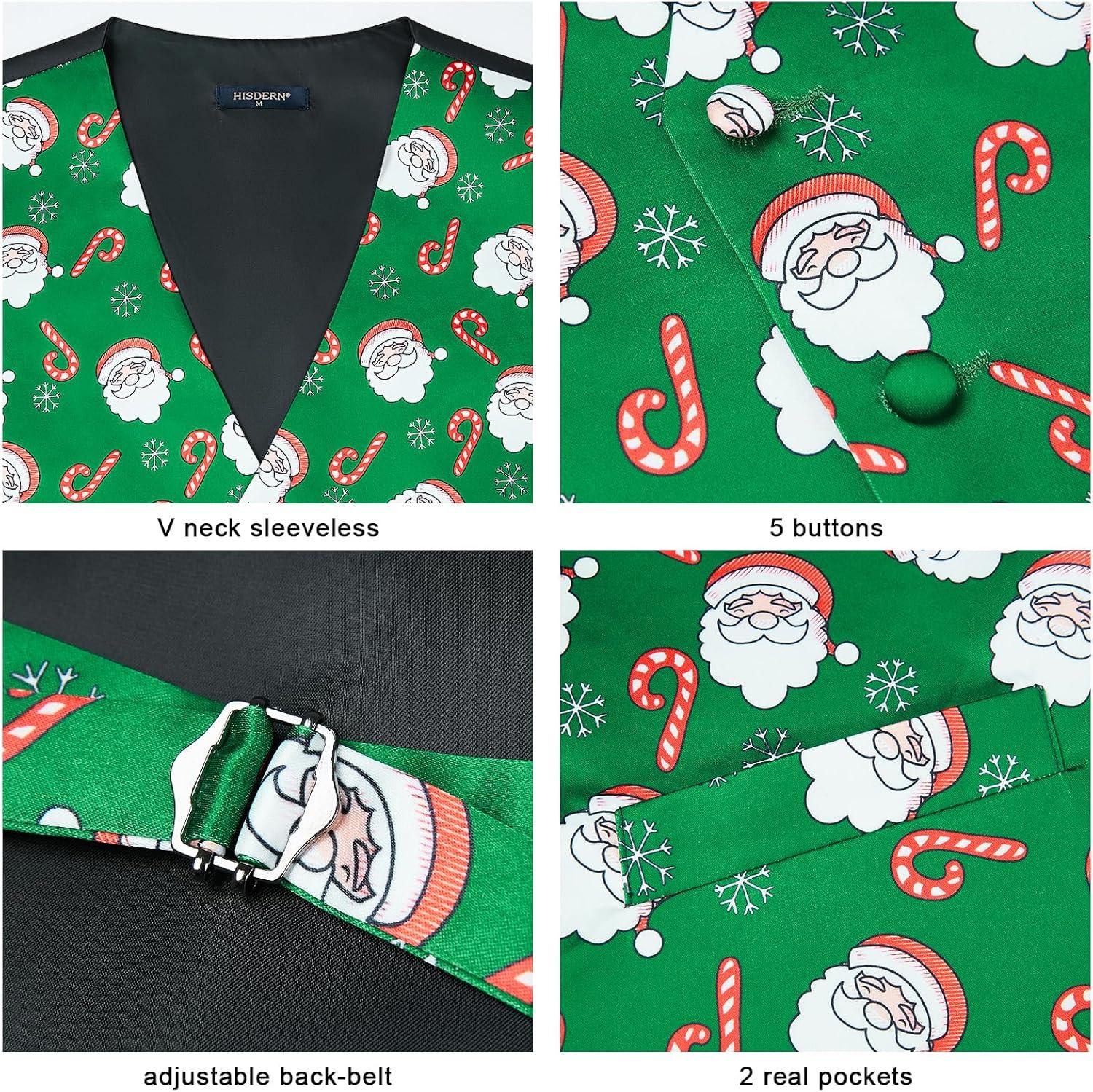 imageHISDERN Mens Suit Vest Christmas Holiday Season Party Jacquard Waistcoats Necktie Pocket Square Vest Suit SetGreen Santa