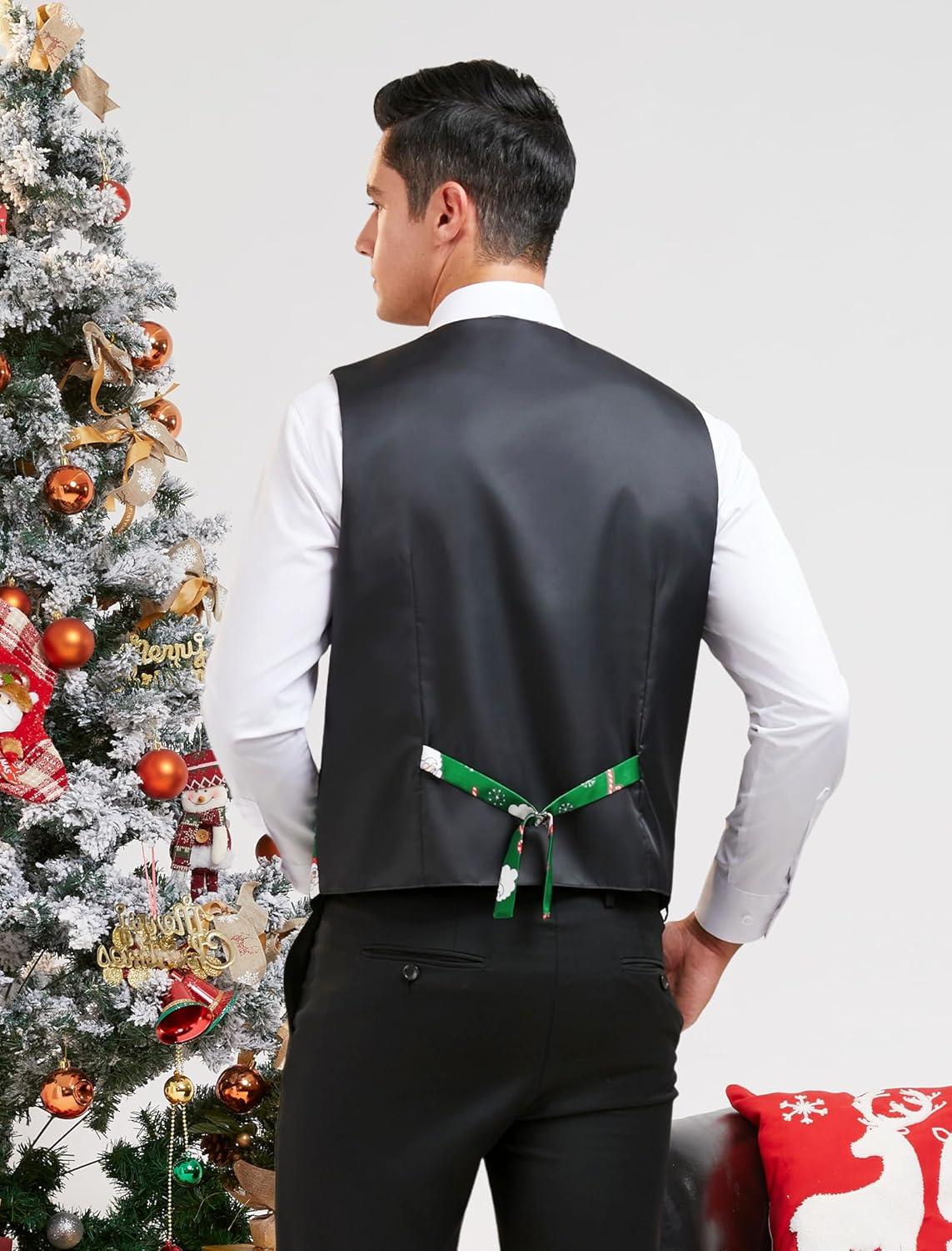 imageHISDERN Mens Suit Vest Christmas Holiday Season Party Jacquard Waistcoats Necktie Pocket Square Vest Suit SetGreen Santa