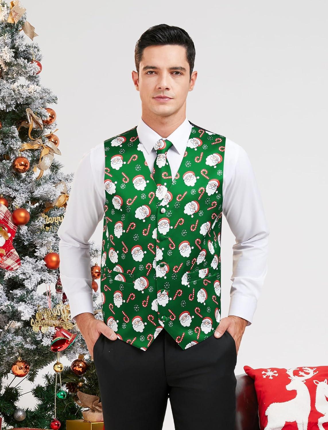 imageHISDERN Mens Suit Vest Christmas Holiday Season Party Jacquard Waistcoats Necktie Pocket Square Vest Suit SetGreen Santa