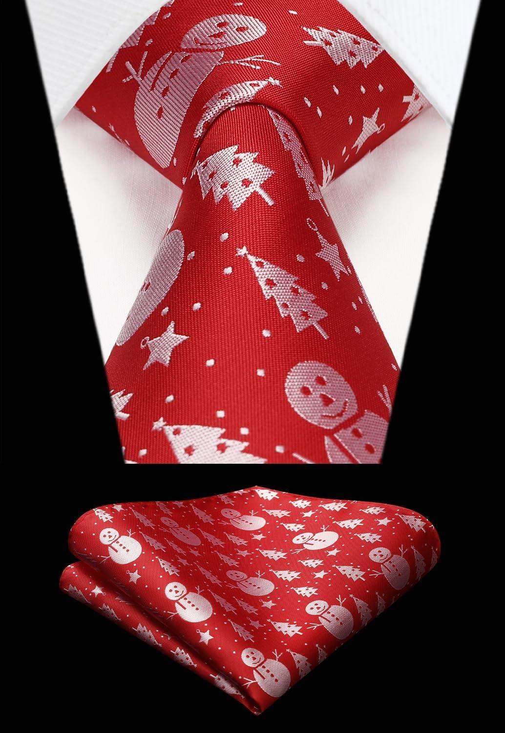 imageHISDERN Mens Suit Vest Christmas Holiday Season Party Jacquard Waistcoats Necktie Pocket Square Vest Suit SetRed Snowman Tree