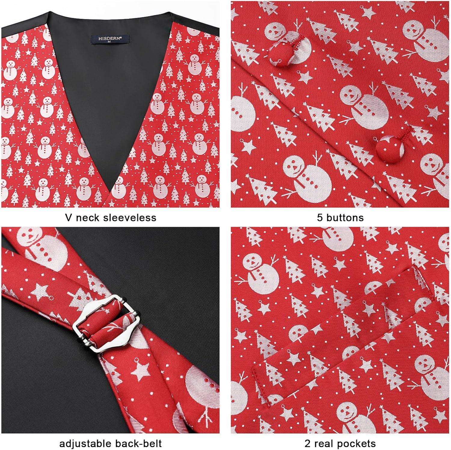imageHISDERN Mens Suit Vest Christmas Holiday Season Party Jacquard Waistcoats Necktie Pocket Square Vest Suit SetRed Snowman Tree