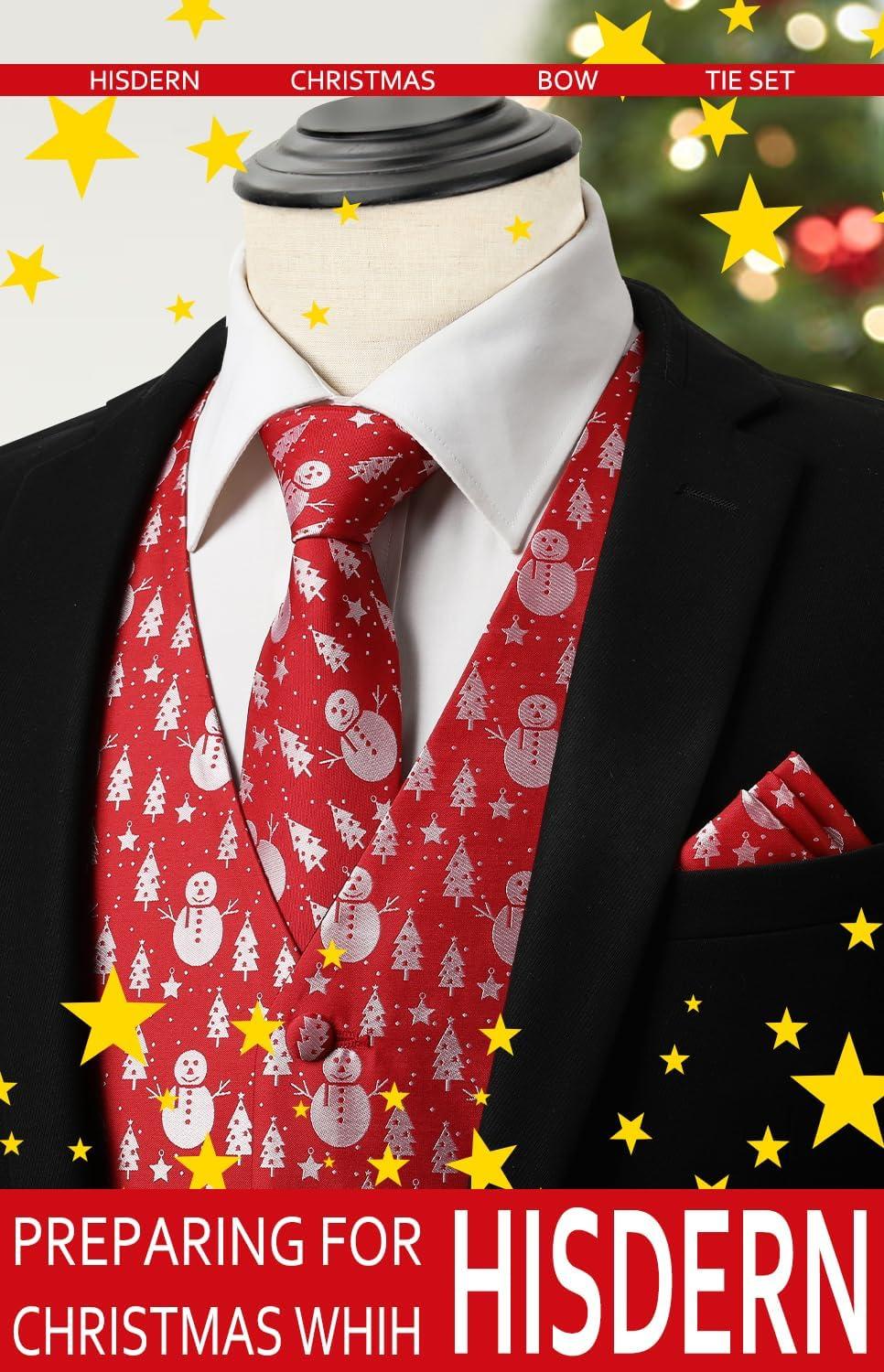 imageHISDERN Mens Suit Vest Christmas Holiday Season Party Jacquard Waistcoats Necktie Pocket Square Vest Suit SetRed Snowman Tree