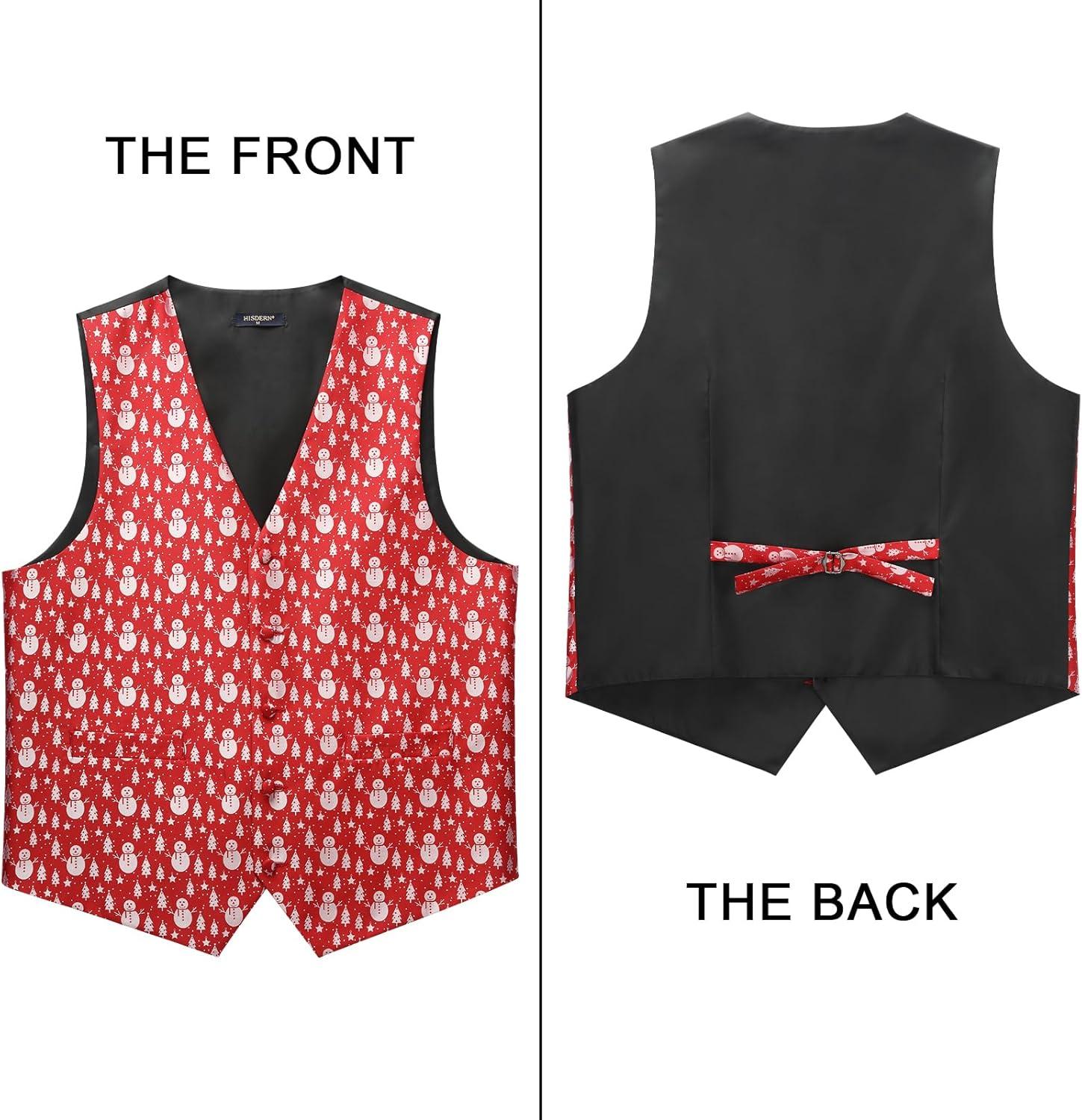 imageHISDERN Mens Suit Vest Christmas Holiday Season Party Jacquard Waistcoats Necktie Pocket Square Vest Suit SetRed Snowman Tree