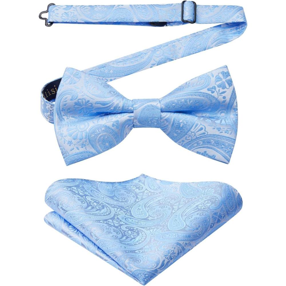 imageHISDERN Bow Ties for Men Paisley Floral Pretied Bowtie Pocket Square Set Mens Formal Bow Ties Wedding PartyBaby Blue