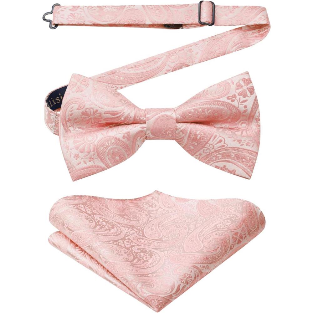 imageHISDERN Bow Ties for Men Paisley Floral Pretied Bowtie Pocket Square Set Mens Formal Bow Ties Wedding PartyBaby Pink