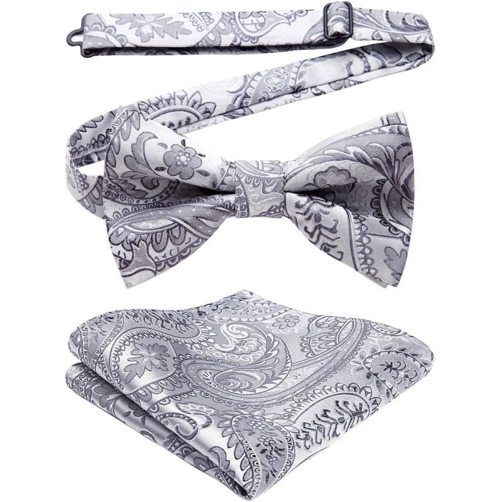 imageHISDERN Bow Ties for Men Paisley Floral Pretied Bowtie Pocket Square Set Mens Formal Bow Ties Wedding PartyBgray 1