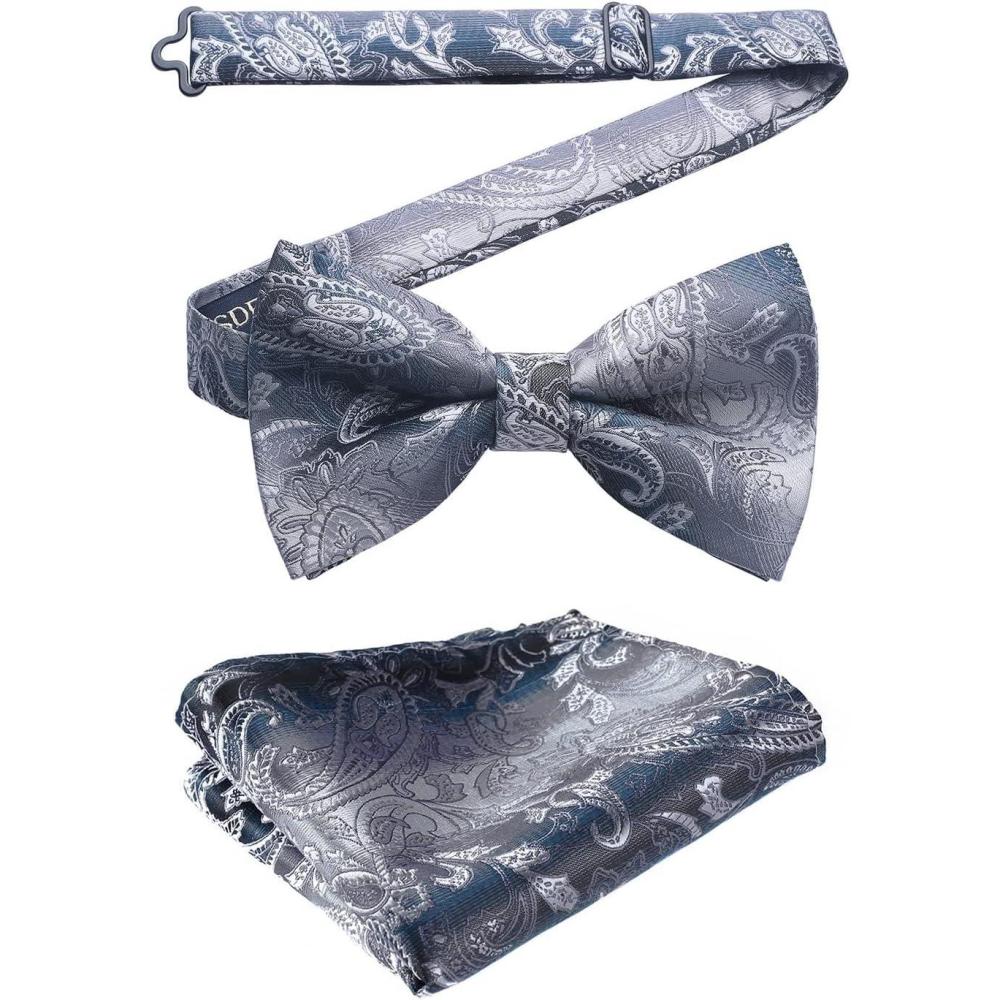 imageHISDERN Bow Ties for Men Paisley Floral Pretied Bowtie Pocket Square Set Mens Formal Bow Ties Wedding PartyBgray 2