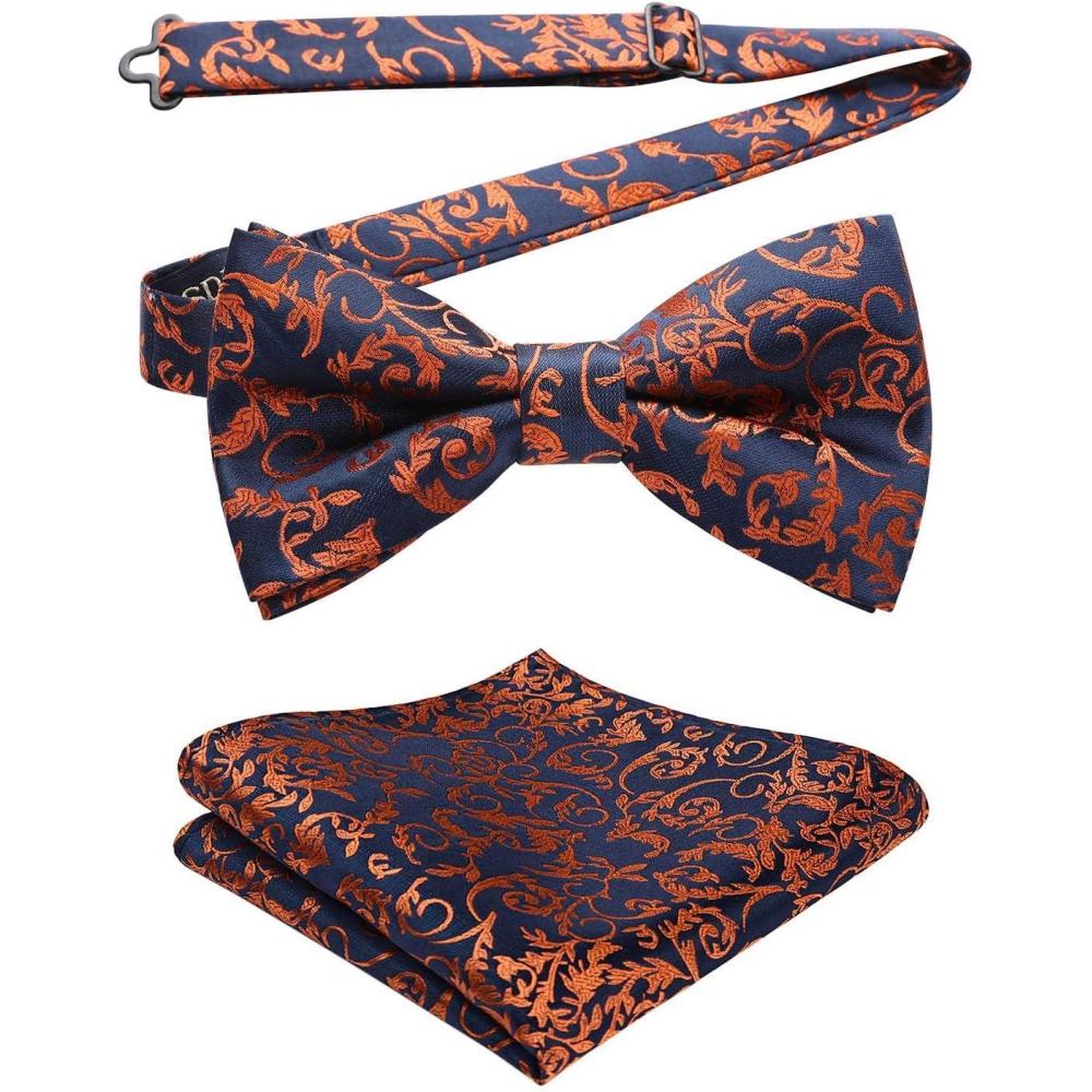 imageHISDERN Bow Ties for Men Paisley Floral Pretied Bowtie Pocket Square Set Mens Formal Bow Ties Wedding PartyDorange 3