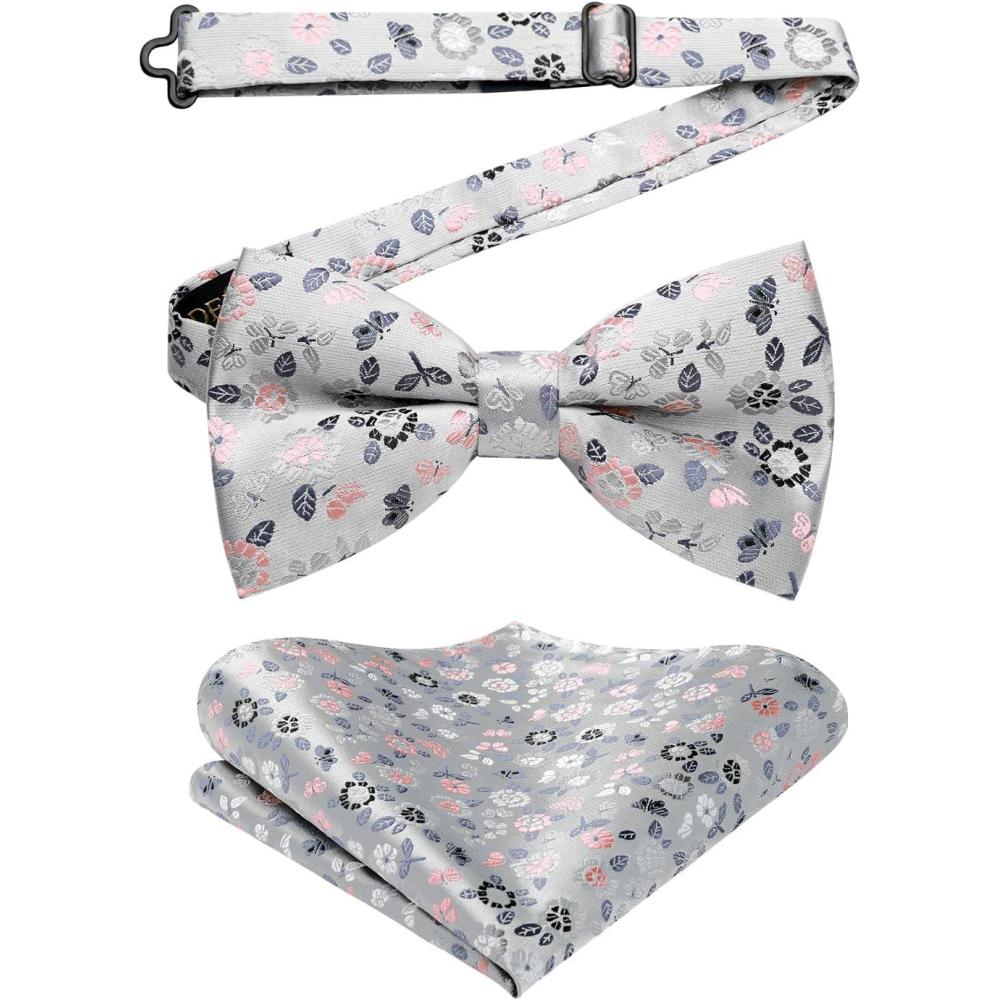 imageHISDERN Bow Ties for Men Paisley Floral Pretied Bowtie Pocket Square Set Mens Formal Bow Ties Wedding PartyDsilver