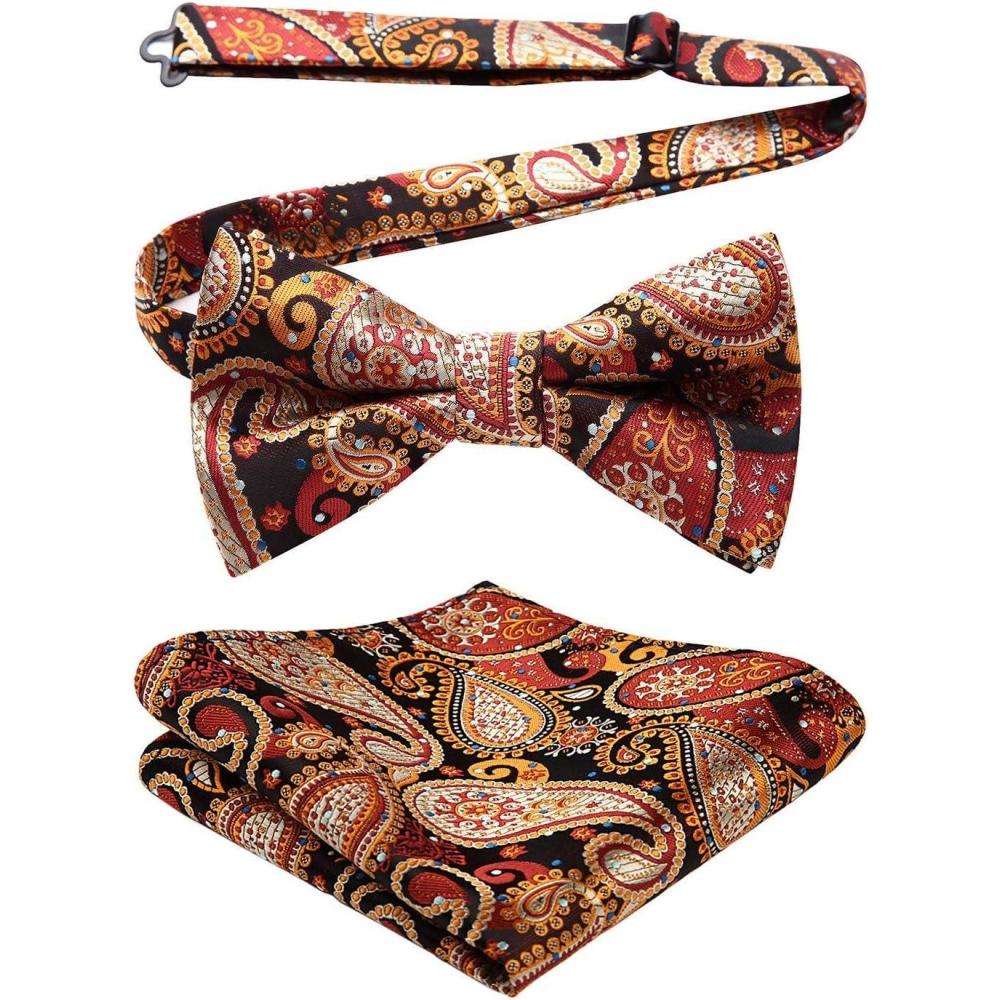 imageHISDERN Bow Ties for Men Paisley Floral Pretied Bowtie Pocket Square Set Mens Formal Bow Ties Wedding PartyForange 2