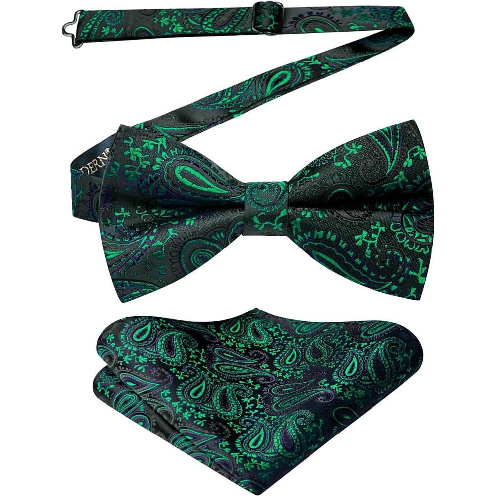 imageHISDERN Bow Ties for Men Paisley Floral Pretied Bowtie Pocket Square Set Mens Formal Bow Ties Wedding PartyGreen 2