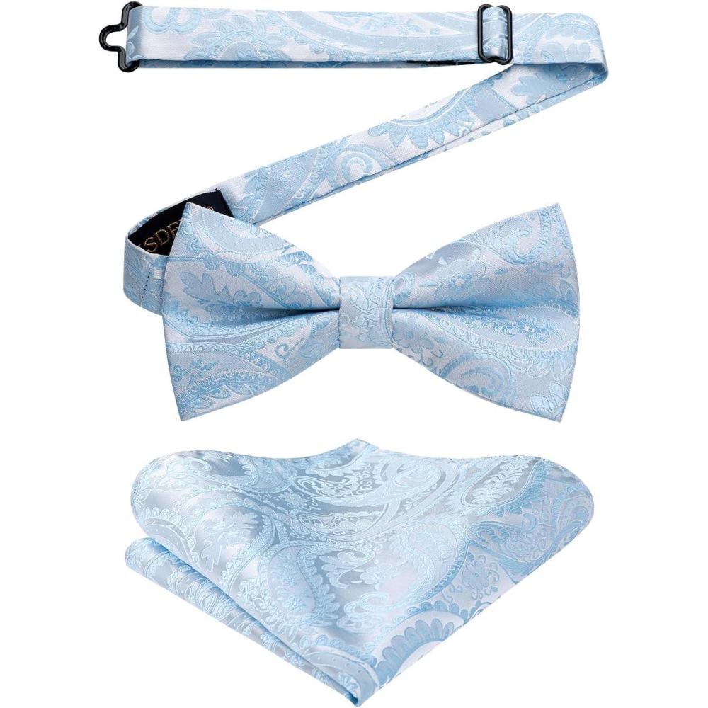 imageHISDERN Bow Ties for Men Paisley Floral Pretied Bowtie Pocket Square Set Mens Formal Bow Ties Wedding PartyLight Blue 02