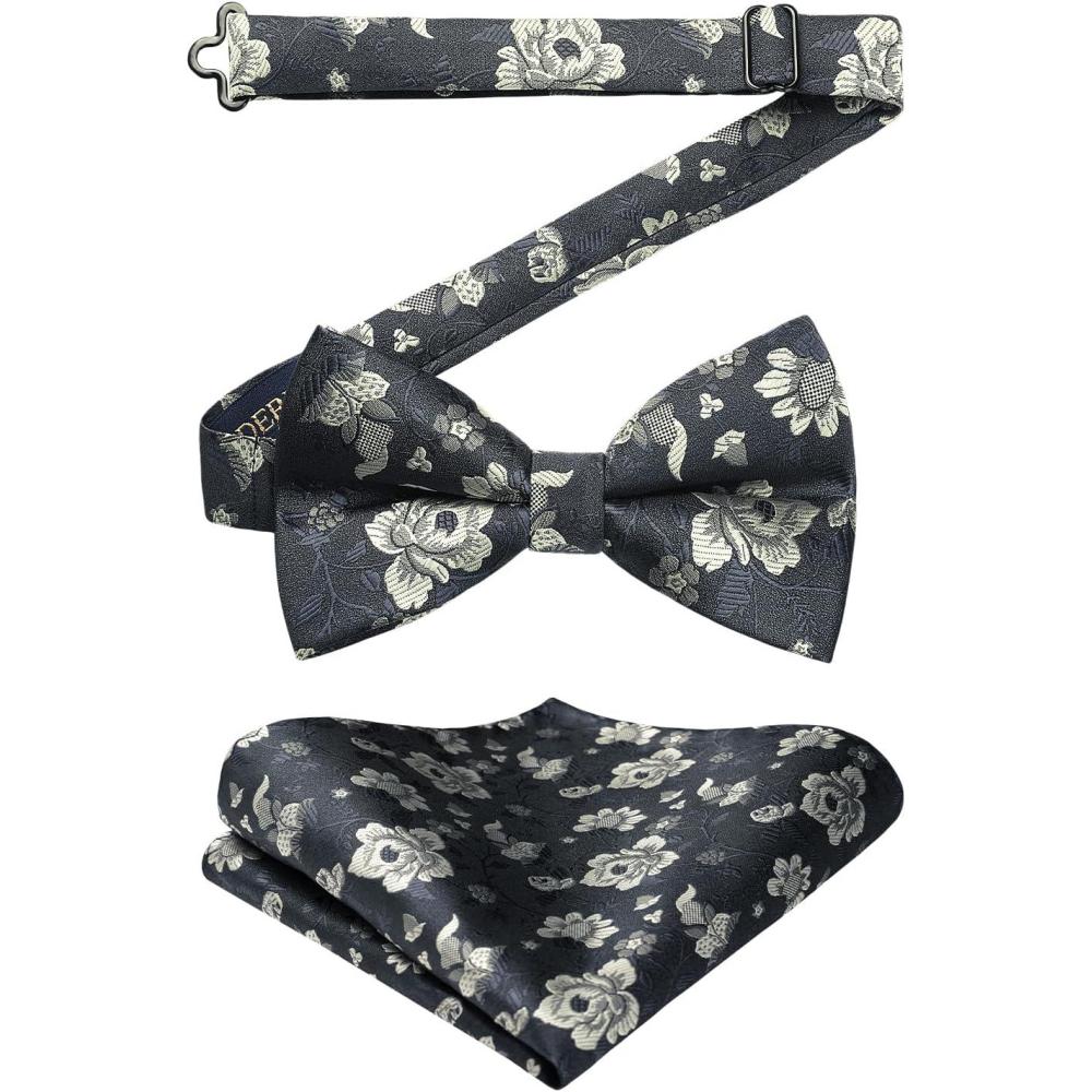 imageHISDERN Bow Ties for Men Paisley Floral Pretied Bowtie Pocket Square Set Mens Formal Bow Ties Wedding PartyNavy Blue