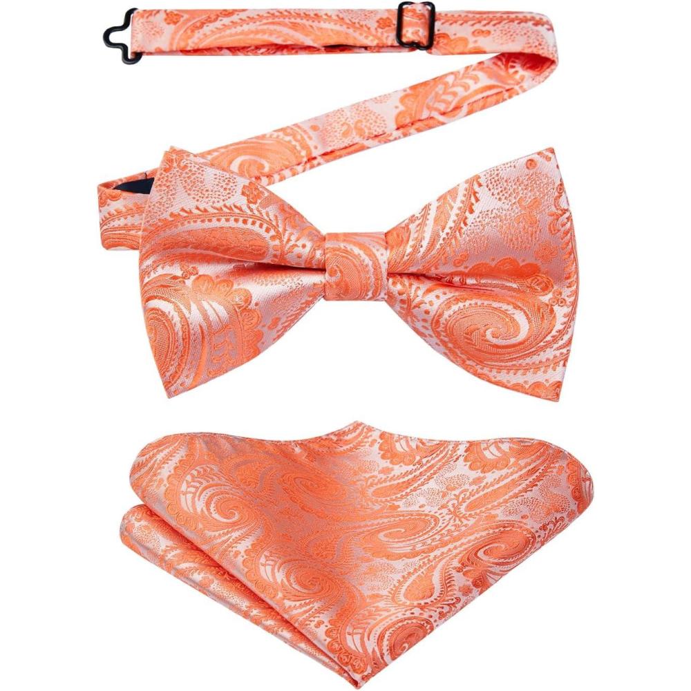 imageHISDERN Bow Ties for Men Paisley Floral Pretied Bowtie Pocket Square Set Mens Formal Bow Ties Wedding PartyOrange1