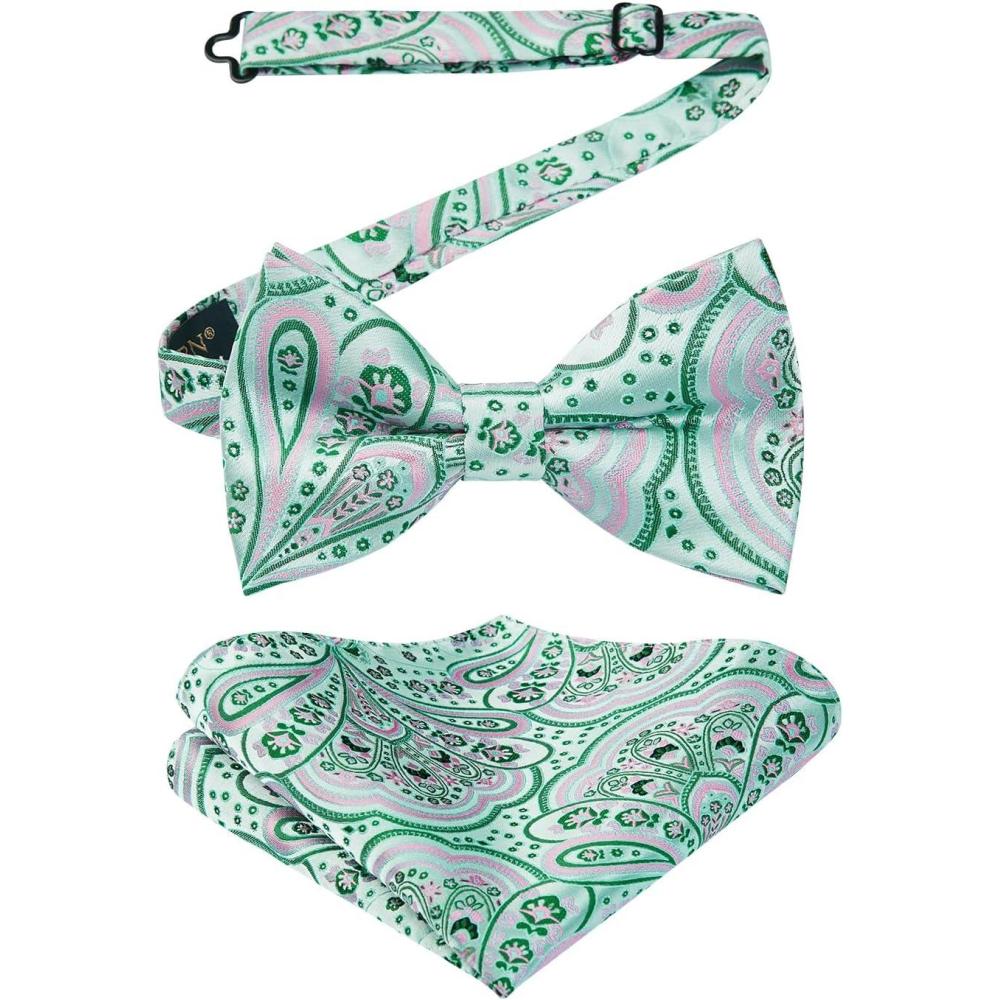 imageHISDERN Bow Ties for Men Paisley Floral Pretied Bowtie Pocket Square Set Mens Formal Bow Ties Wedding PartyPink White