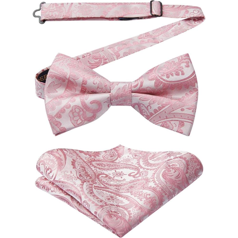 imageHISDERN Bow Ties for Men Paisley Floral Pretied Bowtie Pocket Square Set Mens Formal Bow Ties Wedding PartyPink1