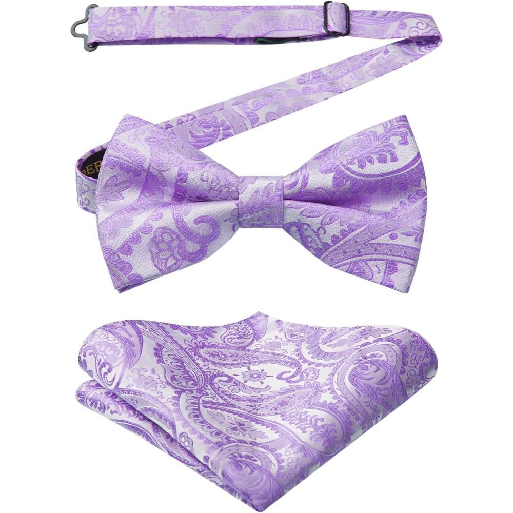 imageHISDERN Bow Ties for Men Paisley Floral Pretied Bowtie Pocket Square Set Mens Formal Bow Ties Wedding PartyPurple1