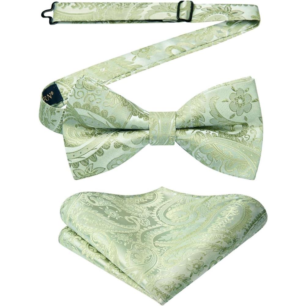 imageHISDERN Bow Ties for Men Paisley Floral Pretied Bowtie Pocket Square Set Mens Formal Bow Ties Wedding PartySage Green Paisley11