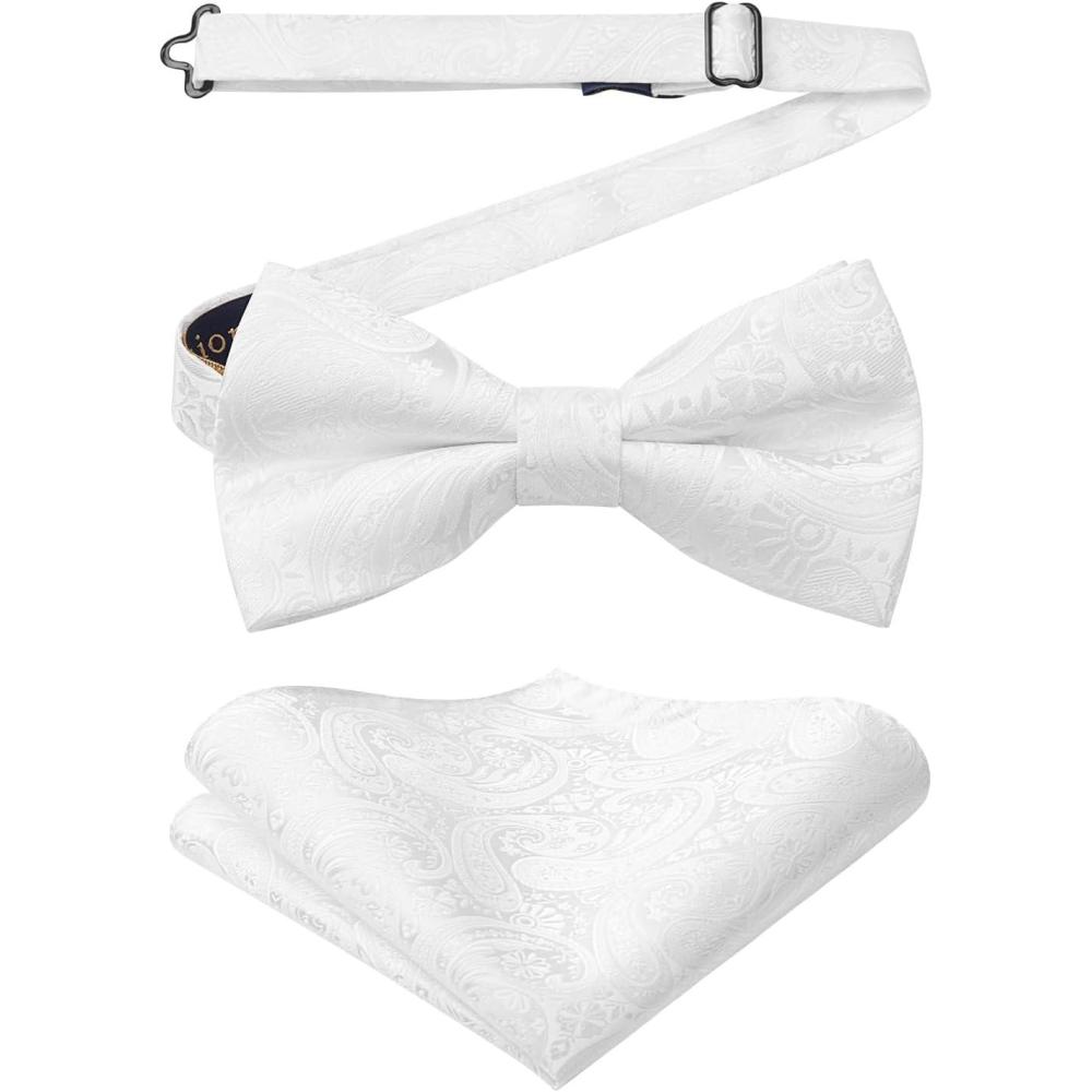 imageHISDERN Bow Ties for Men Paisley Floral Pretied Bowtie Pocket Square Set Mens Formal Bow Ties Wedding PartyWhite