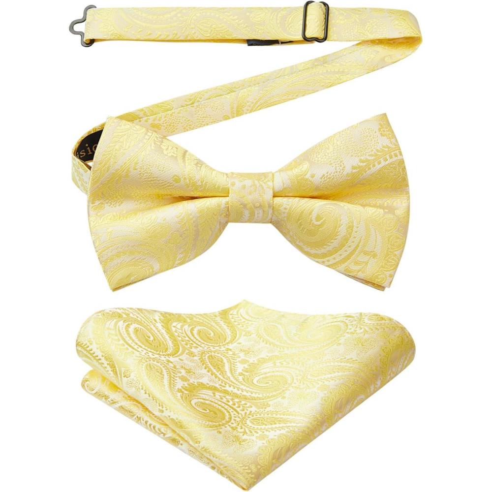 imageHISDERN Bow Ties for Men Paisley Floral Pretied Bowtie Pocket Square Set Mens Formal Bow Ties Wedding PartyYellow1